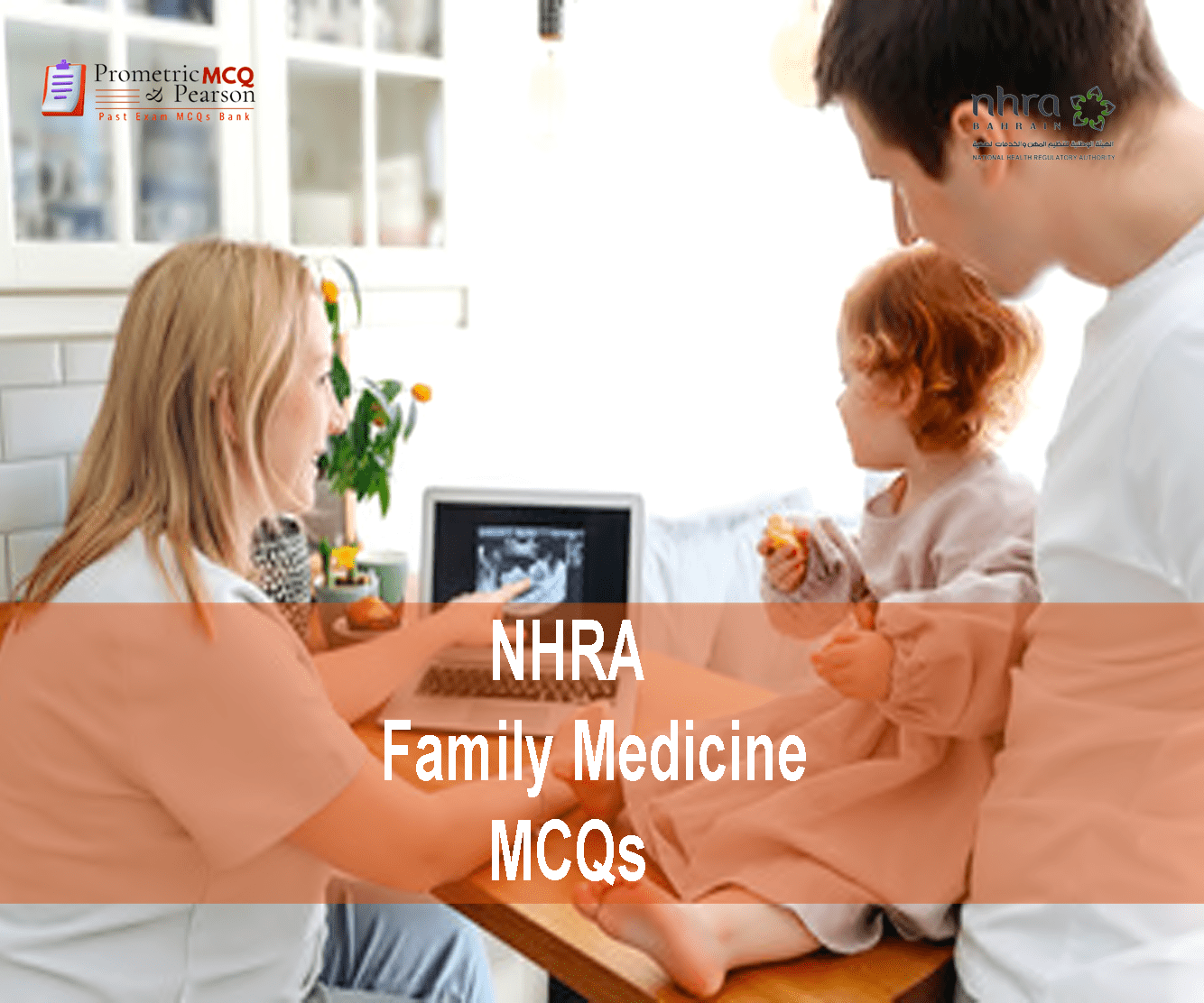 A doctor examining a patient in clinic and advertising NHRA Family Medicine MCQs