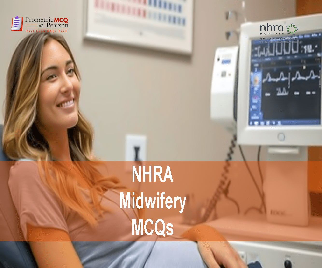 a pregnant woman in clinic advertising NHRA Midwifery MCQs