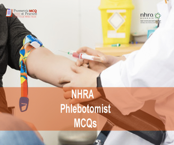 A Phlebotomist injecting an injection in patient's arm in clinic and advertising NHRA Phlebotomist MCQs