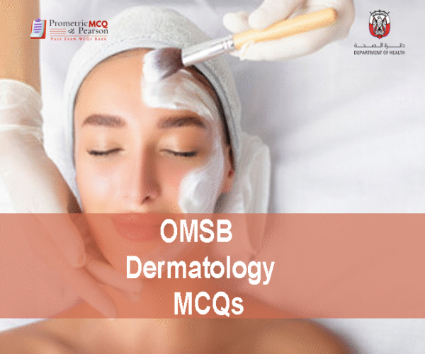 A specialist dermatologist examining a patient in clinic and advertising OMSB Dermatology Pearson Licensing Exam MCQs