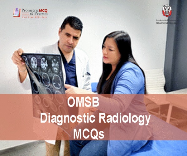 A Specialist Radiologist with a patient examining x-ray & advertising OMSB Diagnostic Radiology Pearson Licensing Exam MCQs