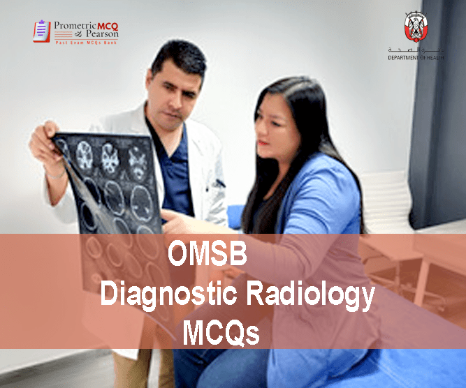 A Specialist Radiologist with a patient examining x-ray & advertising OMSB Diagnostic Radiology Pearson Licensing Exam MCQs