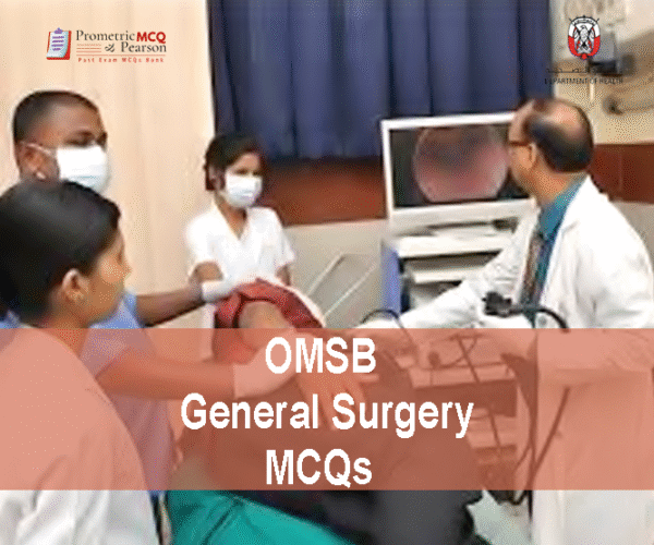 A general surgeon with a team of medical staff examining a patient & advertising OMSB General Surgery Pearson Licensing Exam MCQs