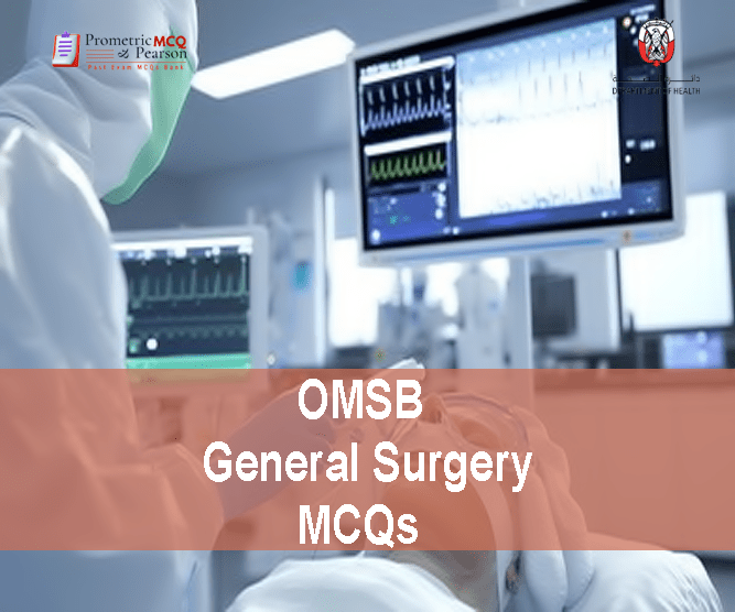 A general surgeon examining a patient & advertising OMSB General Surgery Pearson Licensing Exam MCQs