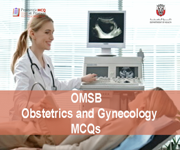 A specialist gynecologist examining a pregnant lady in clinic and advertising OMSB Obstetrics and Gynecology Pearson Licensing Exam MCQs