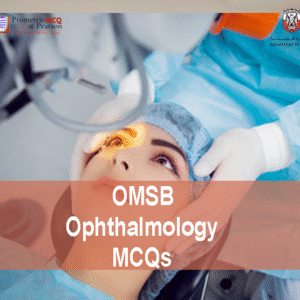 An Ophthalmologist examining a patient eye in clinic and advertising OMSB Ophthalmology Pearson Licensing Exam MCQs