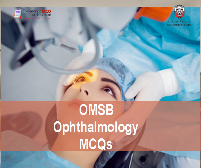 An Ophthalmologist examining a patient eye in clinic and advertising OMSB Ophthalmology Pearson Licensing Exam MCQs