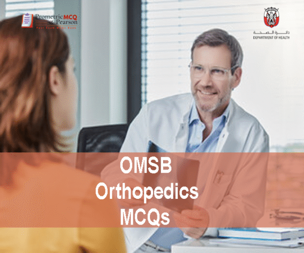 An Orthopedic surgeon with a patient in clinic advertising OMSB Orthopedics Pearson Licensing Exam MCQs
