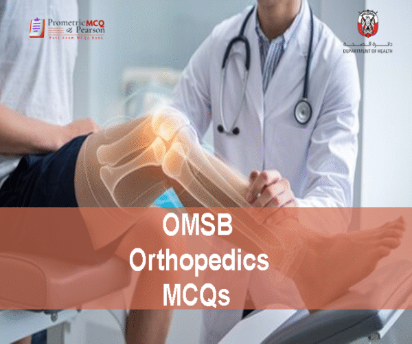 An Orthopedic surgeon examining a patient leg in clinic and advertising OMSB Orthopedics Pearson Licensing Exam MCQs