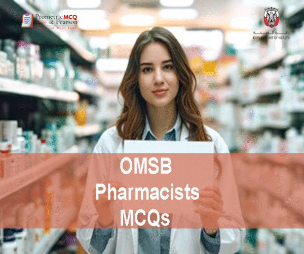 A Pharmacist in a pharmacy clinic advertising OMSB Pharmacists Pearson Licensing Exam MCQs