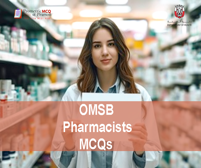 A Pharmacist in a pharmacy clinic advertising OMSB Pharmacists Pearson Licensing Exam MCQs