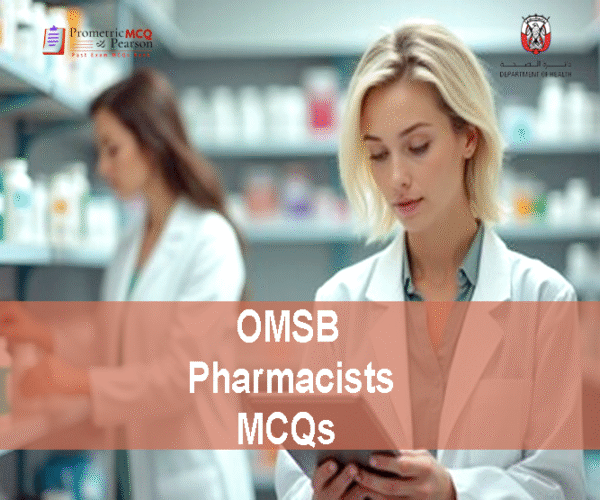 A Pharmacists in pharmacy clinic advertising OMSB Pharmacists Pearson Licensing Exam MCQs