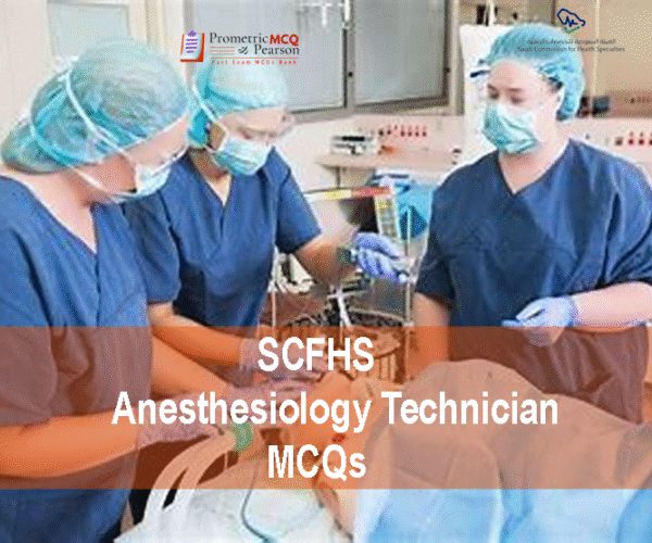 A team of medical professionals examining a patient in clinic and advertising SCFHS Anesthesiology Technician MCQs