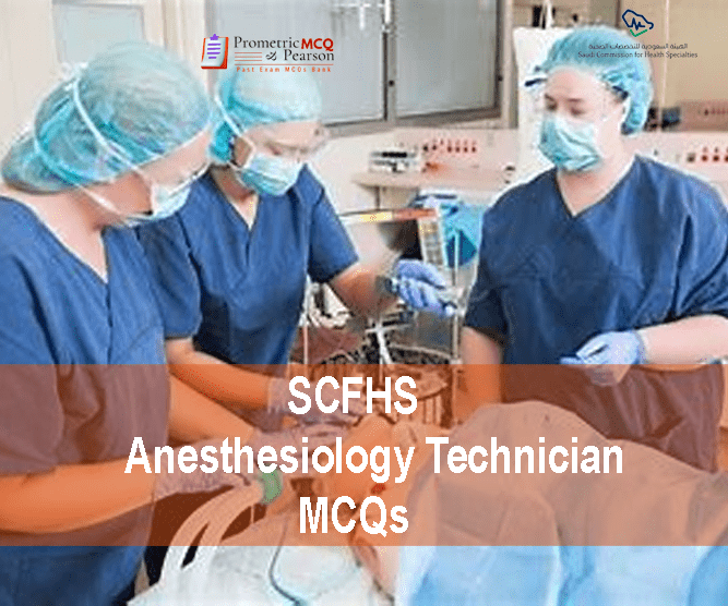 A team of medical professionals examining a patient in clinic and advertising SCFHS Anesthesiology Technician MCQs