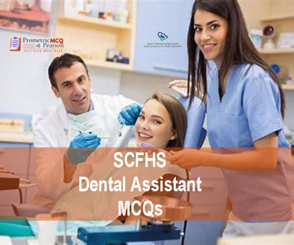 A Dental Assistant examining a patient in dental clinic with a specialist dental surgeon advertising SCFHS Dental Assistant MCQs