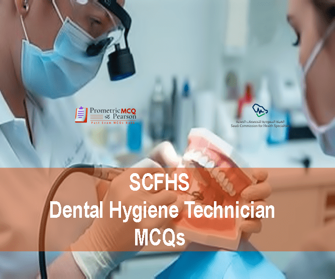 A Dental Hygiene Technician examining a patient in dental clinic and advertising SCFHS Dental Hygiene Technician MCQs