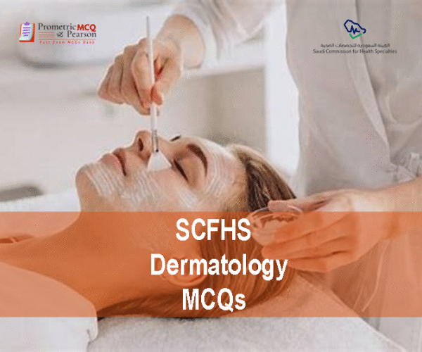 A specialist Dermatologist examining a patient in clinic and advertising SCFHS Dermatology MCQs