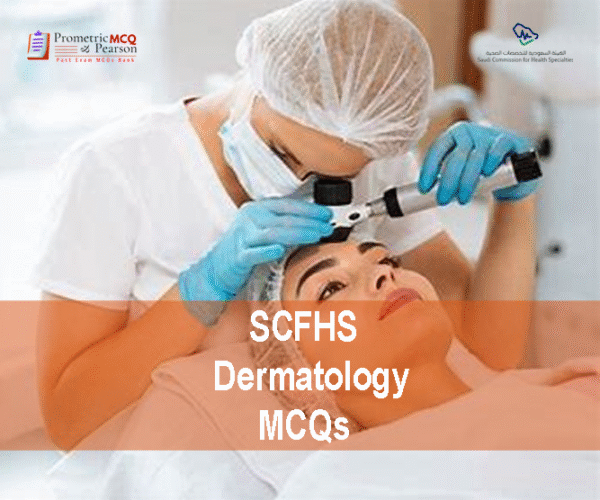 A specialist Dermatologist examining a patient in clinic and advertising SCFHS Dermatology MCQs
