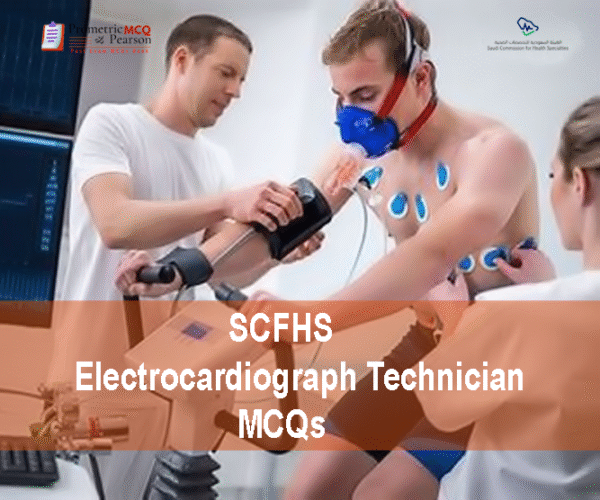 A medical professional examining a patient in clinic and advertising SCFHS Electrocardiograph Technician Prometric Licensing Exam MCQs