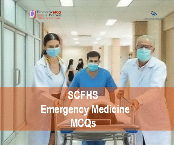 A team of medical professionals with a patient in hospital advertising SCFHS Emergency Medicine Prometric Licensing Exam MCQs