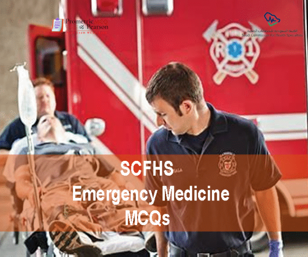 A team of medical professionals with a patient advertising SCFHS Emergency Medicine Prometric Licensing Exam MCQs