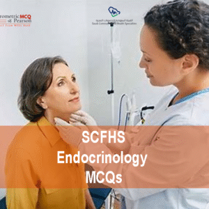 An Endocrinologist Specialist Examining a patient in clinic and advertising SCFHS Endocrinology Prometric Licensing Exam MCQs