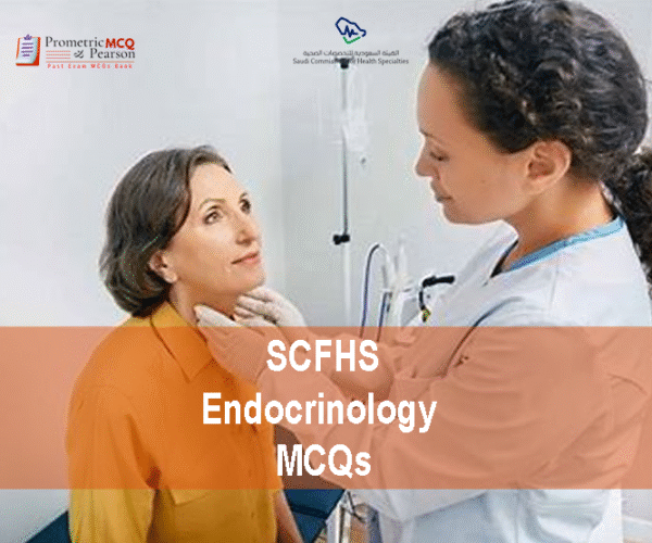 An Endocrinologist Specialist Examining a patient in clinic and advertising SCFHS Endocrinology Prometric Licensing Exam MCQs