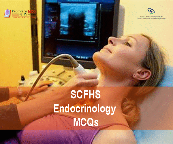 An Endocrinologist Specialist Examining a patient in clinic and advertising SCFHS Endocrinology Prometric Licensing Exam MCQs
