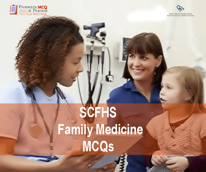 A Family Medicine Specialist Doctor with a baby patent and a mother in clinic advertising SCFHS Family Medicine MCQs