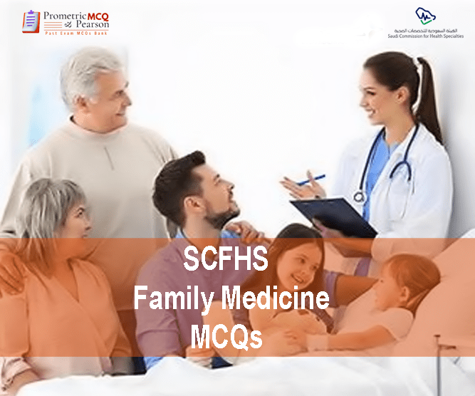 A Family Medicine Specialist Doctor with a baby patent and a family in clinic advertising SCFHS Family Medicine MCQs