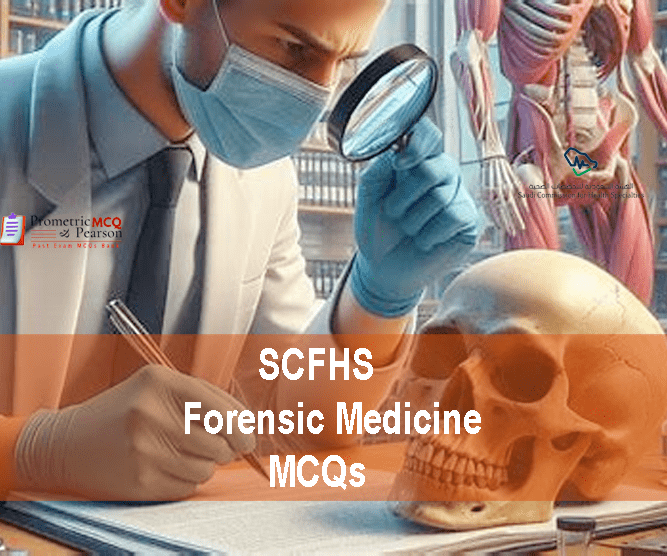 A forensic medical professional examining a human skull in clinic and advertising SCFHS Forensic Medicine Prometric Licensing Exam MCQs
