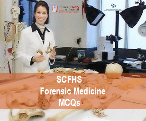 A forensic medical professional examining a human skull in clinic and advertising SCFHS Forensic Medicine Prometric Licensing Exam MCQs