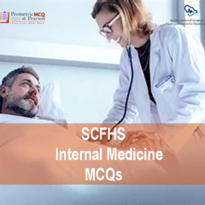 An Internal Medicine Specialist Doctor examining a patient in clinic and advertising SCFHS Internal Medicine MCQs