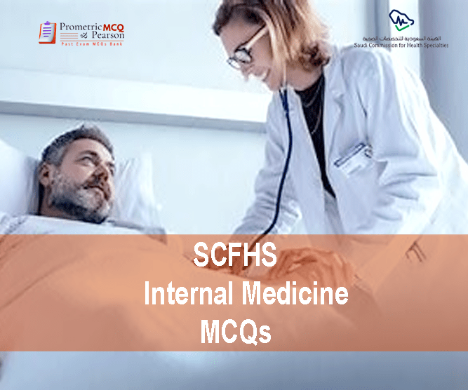 An Internal Medicine Specialist Doctor examining a patient in clinic and advertising SCFHS Internal Medicine MCQs
