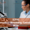 A Laboratory - Microbiology Specialist in Medical Laboratory with medical equipment advertising SCFHS Laboratory - Microbiology Specialist MCQs