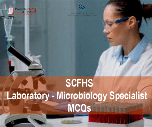 A Laboratory - Microbiology Specialist in Medical Laboratory with medical equipment advertising SCFHS Laboratory - Microbiology Specialist MCQs