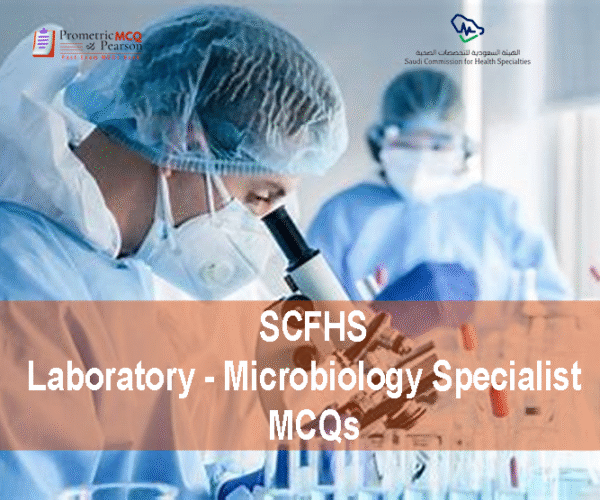 A Laboratory - Microbiology Specialist in Medical Laboratory with medical equipment advertising SCFHS Laboratory - Microbiology Specialist MCQs