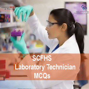 A Laboratory Technician in medical laboratory with medical equipment advertising SCFHS Laboratory Technician MCQs