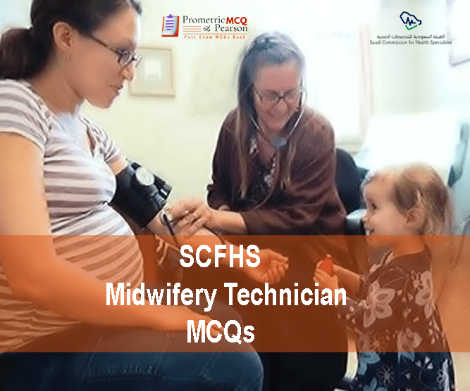 A Midwifery Technician with a pregnant lady and a baby in clinic advertising SCFHS Midwifery Technician Prometric Licensing Exam MCQs