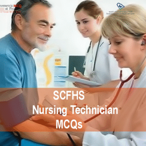 A doctor with a patient and nurse in clinic examining a patient and advertising SCFHS Nursing Technician MCQs