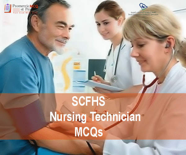 A doctor with a patient and nurse in clinic examining a patient and advertising SCFHS Nursing Technician MCQs