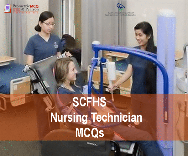 A doctor with a patient and nurse in clinic examining a patient and advertising SCFHS Nursing Technician MCQs