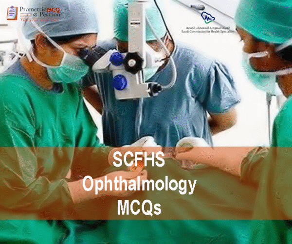 A specialist Ophthalmologist surgeon with team of medical professionals examining a patient in clinic and advertising SCFHS Ophthalmology MCQs