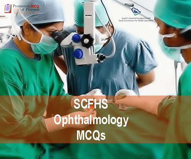 A specialist Ophthalmologist surgeon with team of medical professionals examining a patient in clinic and advertising SCFHS Ophthalmology MCQs