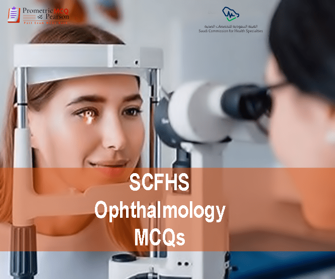 A specialist Ophthalmologist surgeon examining a patient in clinic and advertising SCFHS Ophthalmology MCQs