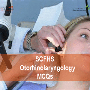 An Otorhinolaryngology specialist doctor examining a female patient and advertising SCFHS Otorhinolaryngology Prometric Licensing Exam MCQs