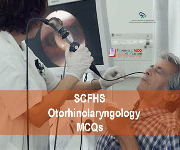 An Otorhinolaryngology specialist doctor examining a female patient and advertising SCFHS Otorhinolaryngology Prometric Licensing Exam MCQs