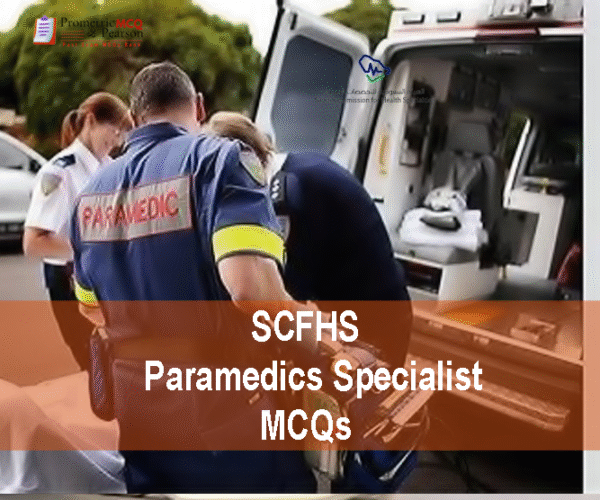 A Team Of Paramedics Specialists examining a patient and advertising SCFHS Paramedics Specialist MCQs