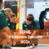 A Team Of Paramedics Specialists examining a patient and advertising SCFHS Paramedics Specialist MCQs