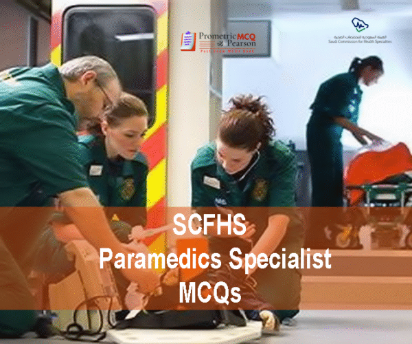 A Team Of Paramedics Specialists examining a patient and advertising SCFHS Paramedics Specialist MCQs